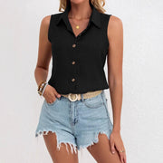 Solid Color Single-breasted Lapel Shirt Cotton And Linen Sleeveless Loose Top