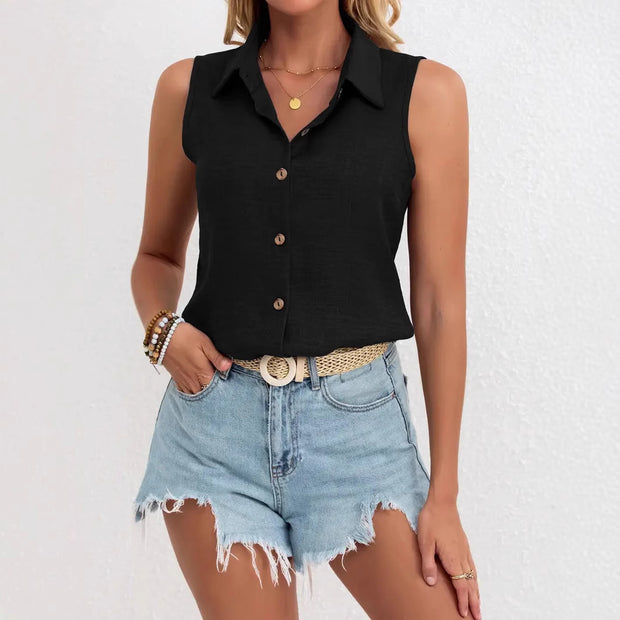 Solid Color Single-breasted Lapel Shirt Cotton And Linen Sleeveless Loose Top
