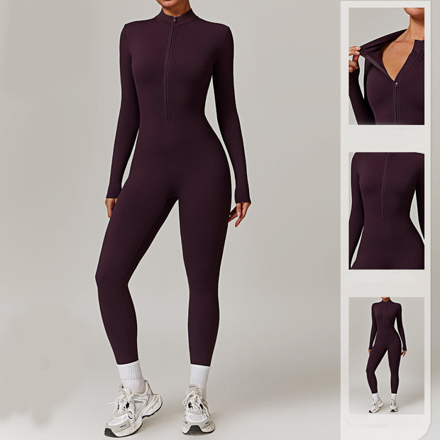 Warm Zipper Long sleeved Jumpsuit Yoga Fitness Sports Pants Breathable Bodysuit Women's Clothing