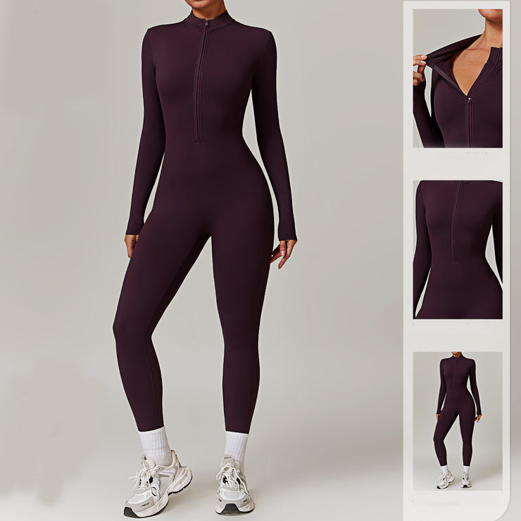 Warm Zipper Long sleeved Jumpsuit Yoga Fitness Sports Pants Breathable Bodysuit Women's Clothing