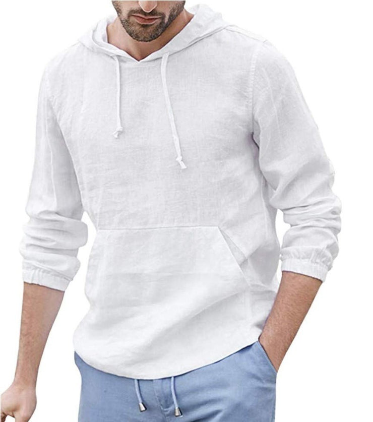 Men's Cotton And Linen Pullover Long Sleeved Hooded T Shirt