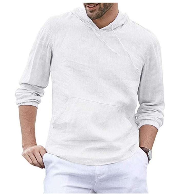 Men's Cotton And Linen Pullover Long Sleeved Hooded T Shirt