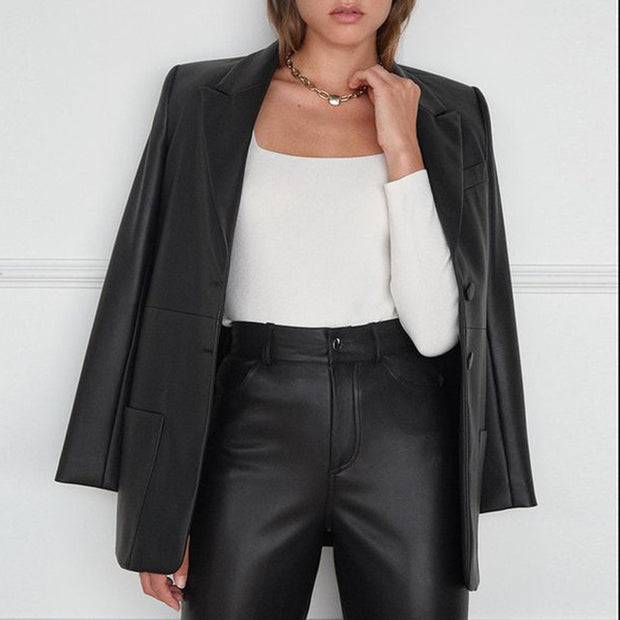 Elina Simple Notched PU Leather Blazers Women Fashion Office Lady Jackets Women Elegant Single Breasted Suits Female Ladies