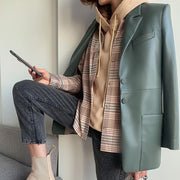 Elina Simple Notched PU Leather Blazers Women Fashion Office Lady Jackets Women Elegant Single Breasted Suits Female Ladies