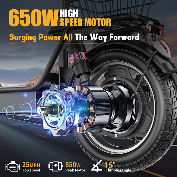 ASKGO Electric Scooter, 500W Motor, 14' Tires, 22Mph 30Miles Long Range, 48V 10.4AH Foldable Commuting Electric Scooter With Seat, E Scooter For Adults, Load 265lbs