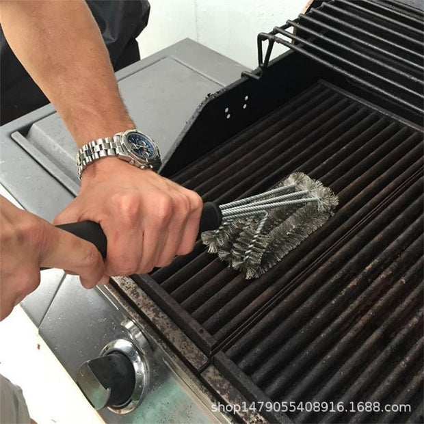 Three-head Stainless Steel Barbecue Cleaning Brush Barbecue Brush Wire Brush BBQ Tools