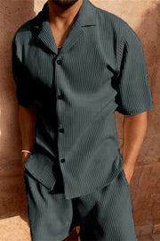 Corduroy Casual Polo Collar Sports Men's Solid Color T-shirt Shorts Set