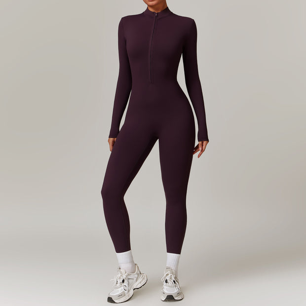 Warm Zipper Long sleeved Jumpsuit Yoga Fitness Sports Pants Breathable Bodysuit Women's Clothing