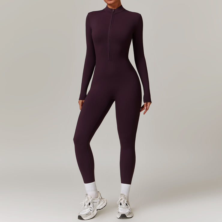 Warm Zipper Long sleeved Jumpsuit Yoga Fitness Sports Pants Breathable Bodysuit Women's Clothing