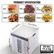 VEVOR Food Dehydrator Machine, 10 Stainless Steel Trays, 1000W Electric Food Dryer With Digital Adjustable Time