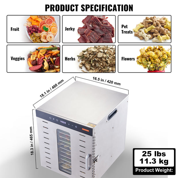 VEVOR Food Dehydrator Machine, 10 Stainless Steel Trays, 1000W Electric Food Dryer With Digital Adjustable Time