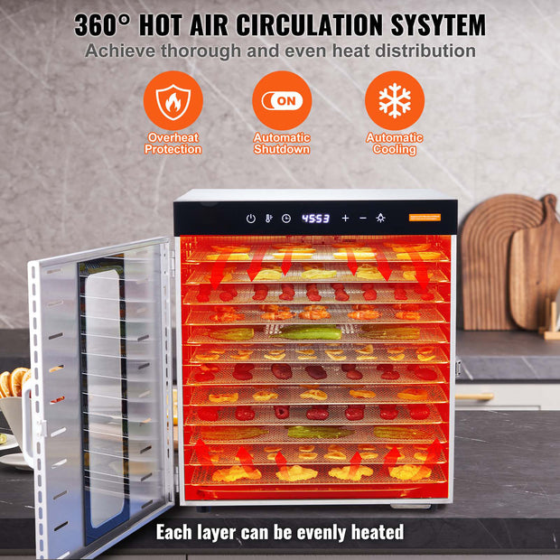 VEVOR Food Dehydrator Machine, 10 Stainless Steel Trays, 1000W Electric Food Dryer With Digital Adjustable Time
