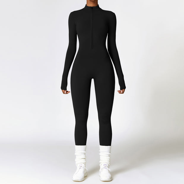 Warm Zipper Long sleeved Jumpsuit Yoga Fitness Sports Pants Breathable Bodysuit Women's Clothing