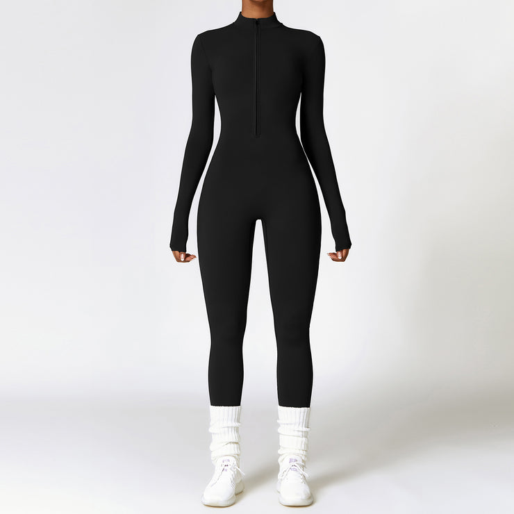 Warm Zipper Long sleeved Jumpsuit Yoga Fitness Sports Pants Breathable Bodysuit Women's Clothing
