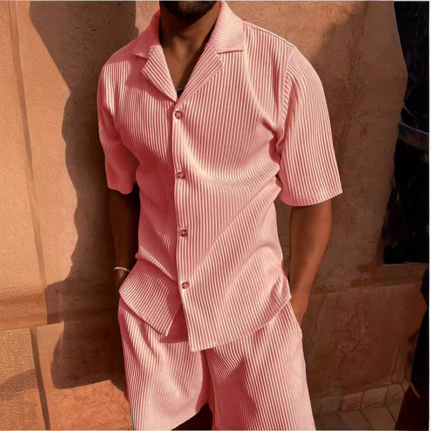 Corduroy Casual Polo Collar Sports Men's Solid Color T-shirt Shorts Set