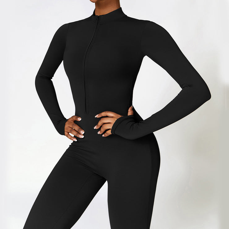 Warm Zipper Long sleeved Jumpsuit Yoga Fitness Sports Pants Breathable Bodysuit Women's Clothing