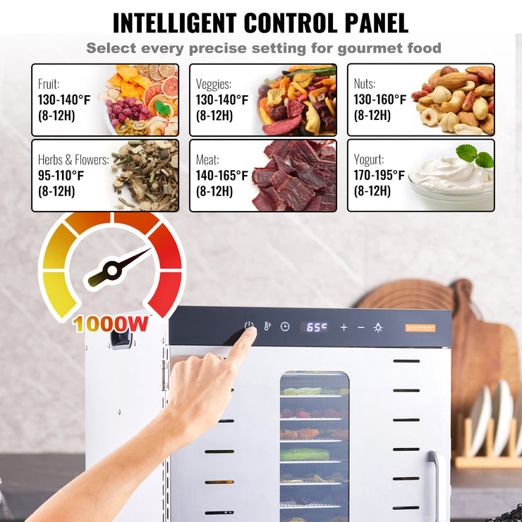 VEVOR Food Dehydrator Machine, 10 Stainless Steel Trays, 1000W Electric Food Dryer With Digital Adjustable Time