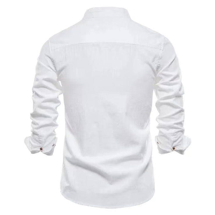 Men's Cotton And Linen Casual Fashion Solid Color Long Sleeve Henley Shirt