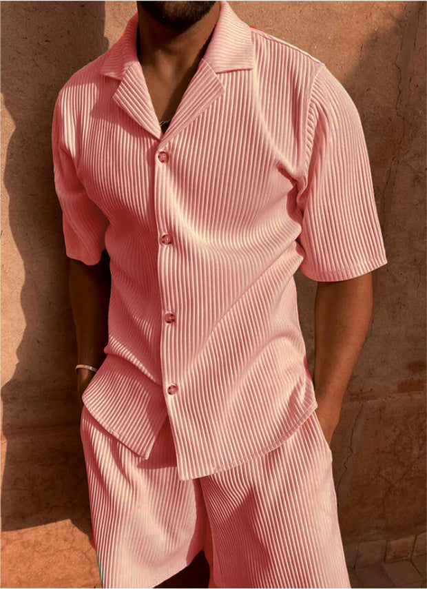 Corduroy Casual Polo Collar Sports Men's Solid Color T-shirt Shorts Set