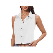 Solid Color Single-breasted Lapel Shirt Cotton And Linen Sleeveless Loose Top