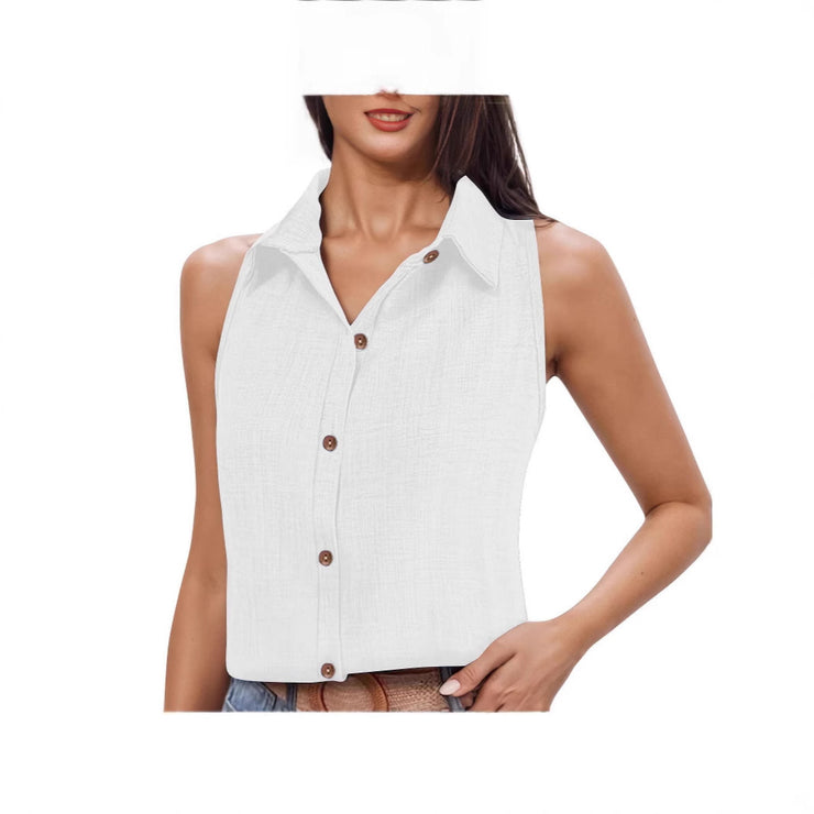 Solid Color Single-breasted Lapel Shirt Cotton And Linen Sleeveless Loose Top