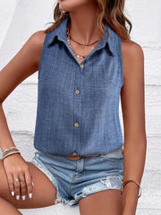 Solid Color Single-breasted Lapel Shirt Cotton And Linen Sleeveless Loose Top