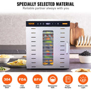 VEVOR Food Dehydrator Machine, 10 Stainless Steel Trays, 1000W Electric Food Dryer With Digital Adjustable Time