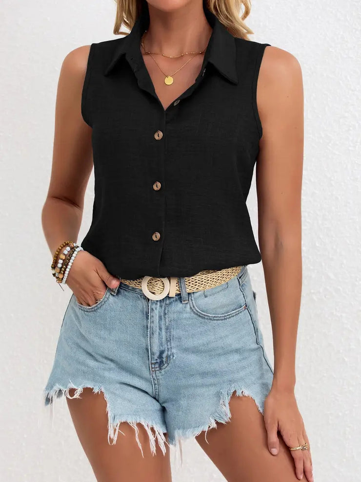 Solid Color Single-breasted Lapel Shirt Cotton And Linen Sleeveless Loose Top