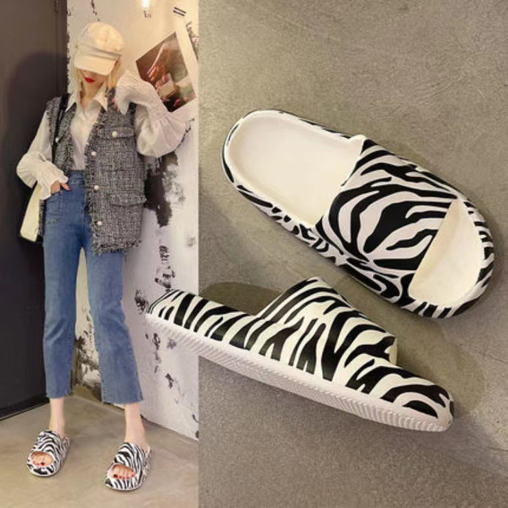 Slippery Slippers Female Summer Wear Pregnant Women Home Indoor Zebra Cow Pattern Beach Thick Bottom Sandals Pvc